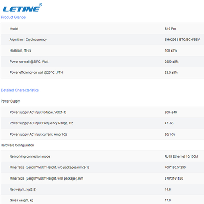Energie Asic-Block-Ketten-Bergmann Bitcoin-Bergmann-S19 Pro-100T Bitmain Antminer S19Pro 110T 104T 29.5J/T