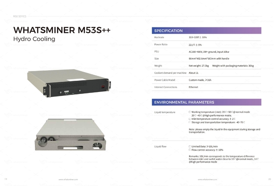 Abkühlende Bergwerksmaschine-hydrowasserkühlung Whatminer M53S++ 310T 328T BTC
