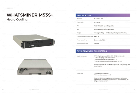 Abkühlende Bergwerksmaschine-hydrowasserkühlung Whatminer M53S++ 310T 328T BTC