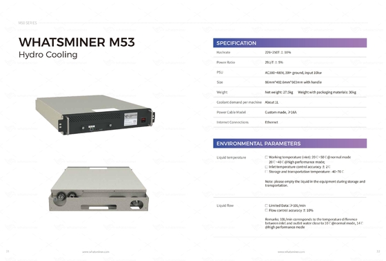 Abkühlender hydrobergmann Whatsminer M53S++ 310T 22j/T der Wasserkühlungs-Bitcoin ASIC