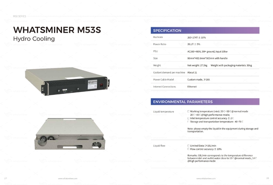 Abkühlender hydrobergmann Whatsminer M53S++ 310T 22j/T der Wasserkühlungs-Bitcoin ASIC