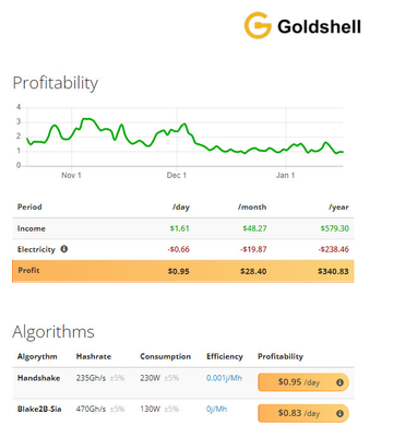 HS-Kasten Asic-Bergmann Goldshell Algorithm Handshake Blake2B-Sia 470Gh 230W