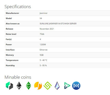 Server 1200W 75db 2.5Gh/S Sunlune Jasminer X4 Etchash