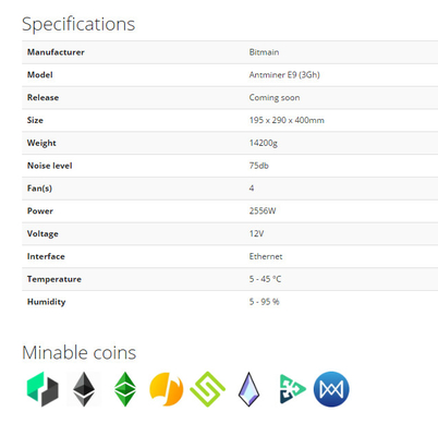 Bitmain Bitmain Antminer E9 2.4Gh 1920W antminer e9 Rentabilität EtHash ETH