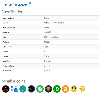 S19 XP 140. 3100W Bitmain Asic Antminer hohes Hashrate 75db