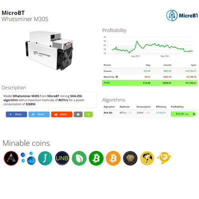 Algorithmus M30S+ 100Th/S Microbt Whatsminer M30s++ 112T M30S 86Th/S SHA-256