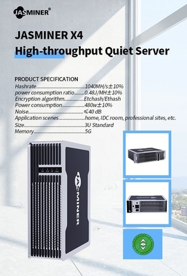 Lärmarme kompakte Größe 480W ETH Ethash Mini Miner Jasminer X4-Q 1040m rentabel